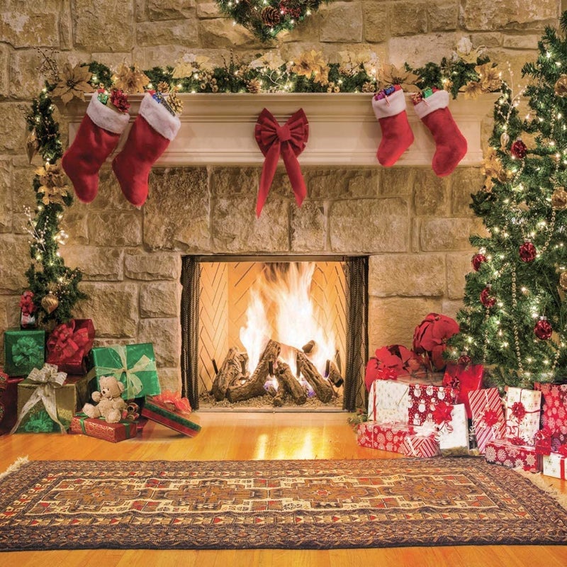 CYLYH 10x10ft Christmas Backdrops Christmas Fireplace Theme Backdrop Tree Sock Decorations for Xmas Party Supplies Photo Background Pictures Banner - Image 1